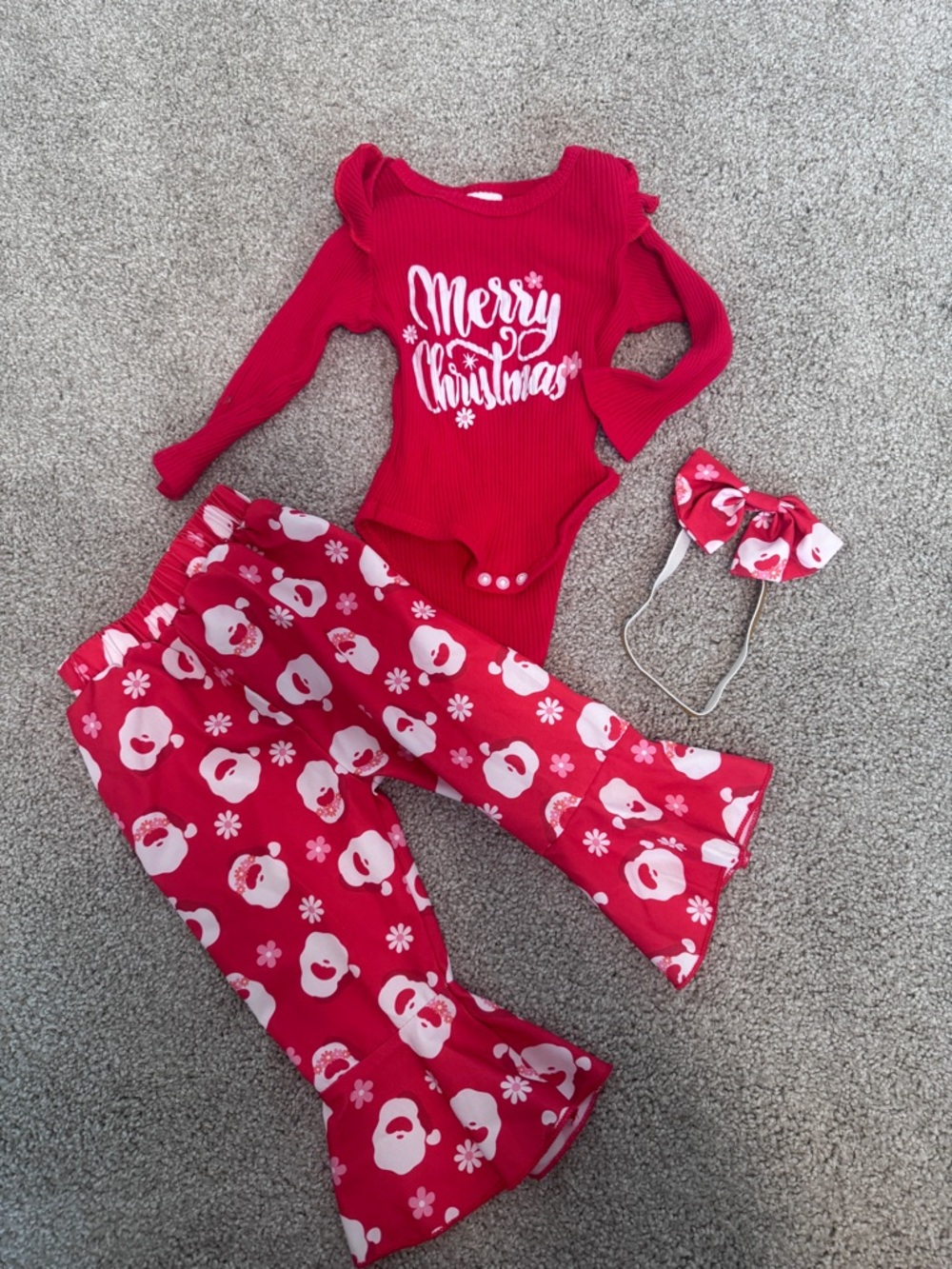 Red "Merry Christmas" Baby Bodysuit with Santa Print Flared Pants & Bow